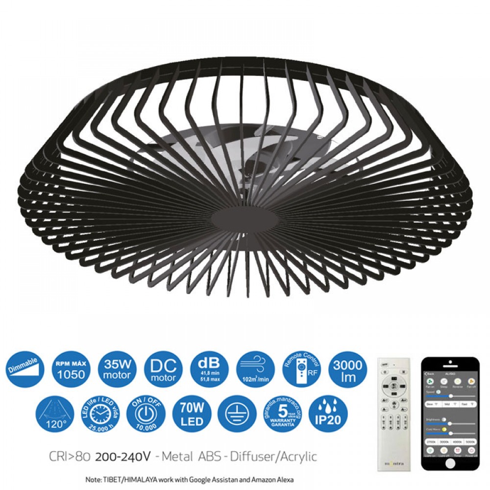 Ventilador HIMALAYA Negro DC 35W Plafon Led 70W Mando 7121