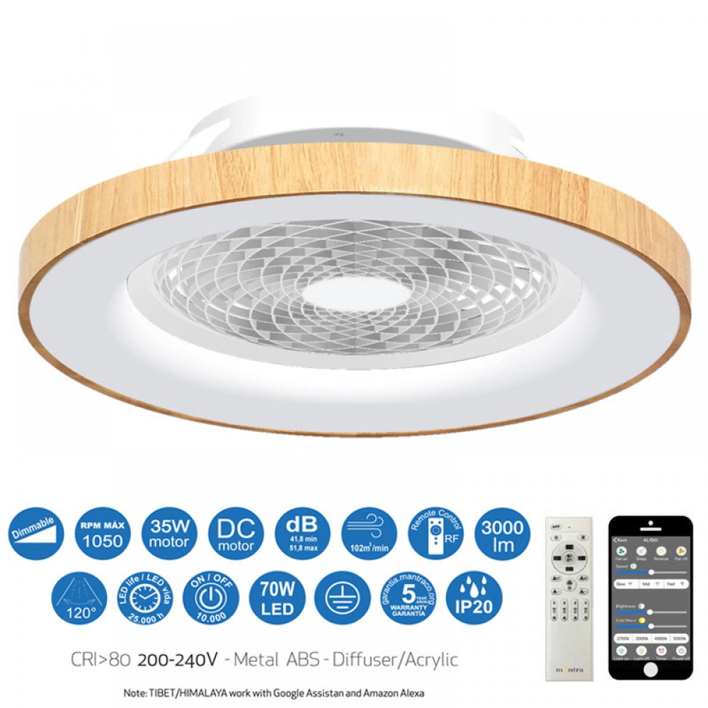Ventilador TIBET Madera DC 35W Plafon Led 70W Mando 7126