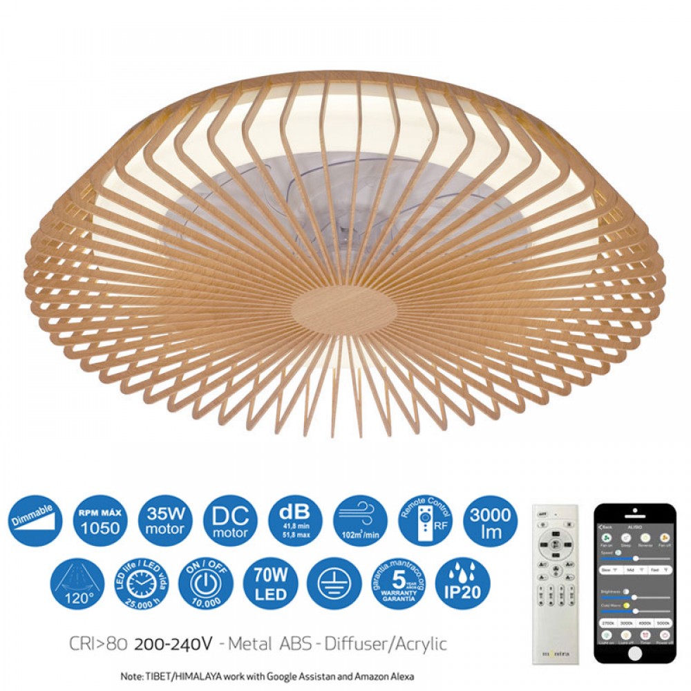 Ventilador HIMALAYA Madera DC 35W Plafon Led 70W Mando 7128