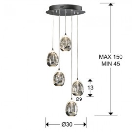 Lampara Led Rocio Cromo 5L Cristal Burbujas Mando 783517D