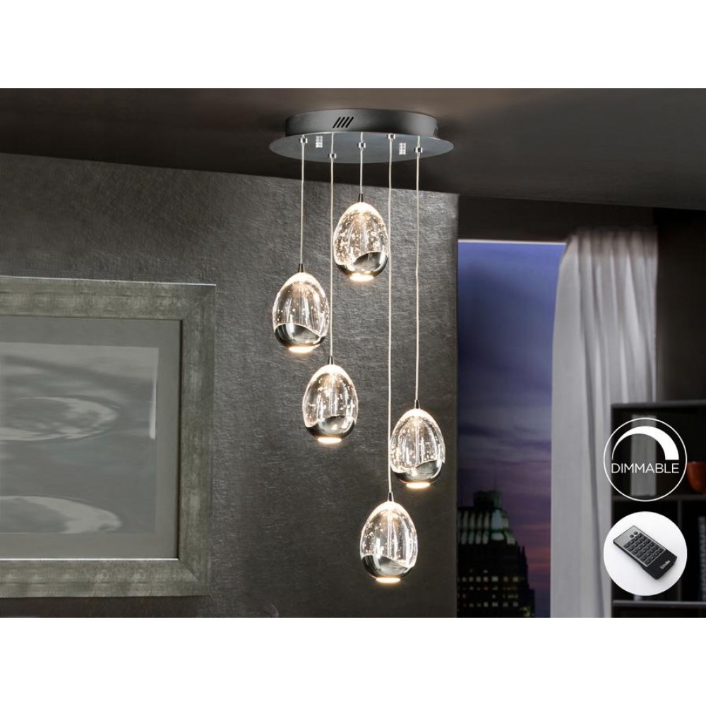 Lampara Led Rocio Cromo 5L Cristal Burbujas Mando 783517D